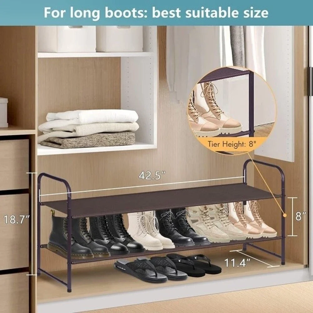 2 Tier Long Shoe Rack for Closet 18 Pairs She Shelf Organizer Bronze